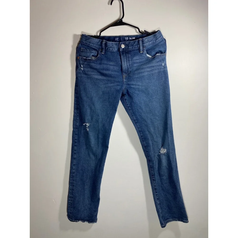 Gap Kids Boys 16 Slim Distressed Medium Wash Denim Jeans Slim Fit Frayed Hem